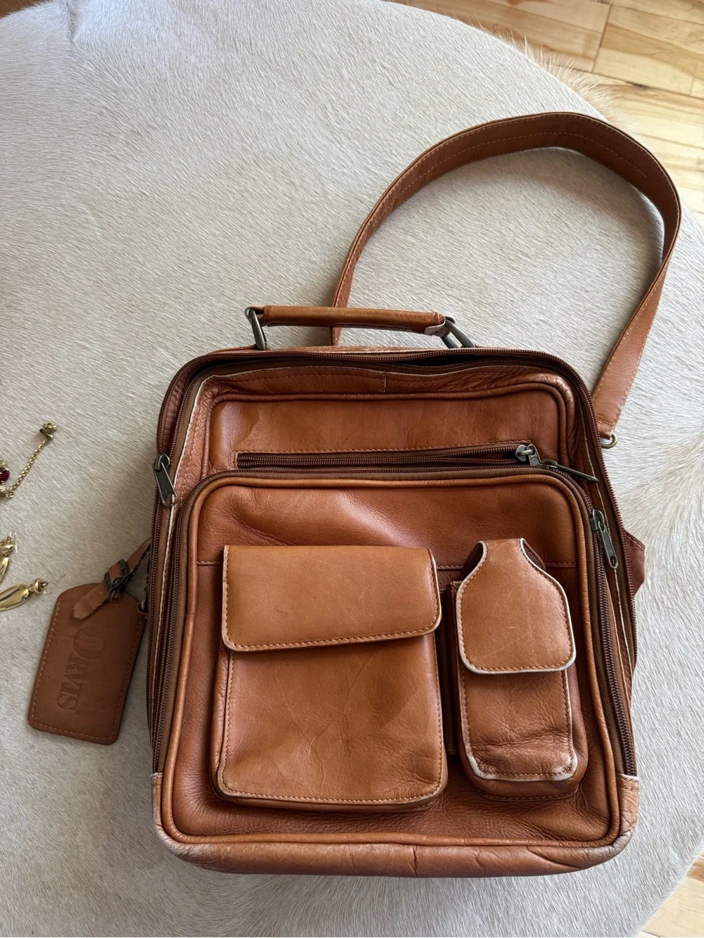 Collectible Orvis Tan Leather Messenger Bag with Front Pockets- made in Columbia